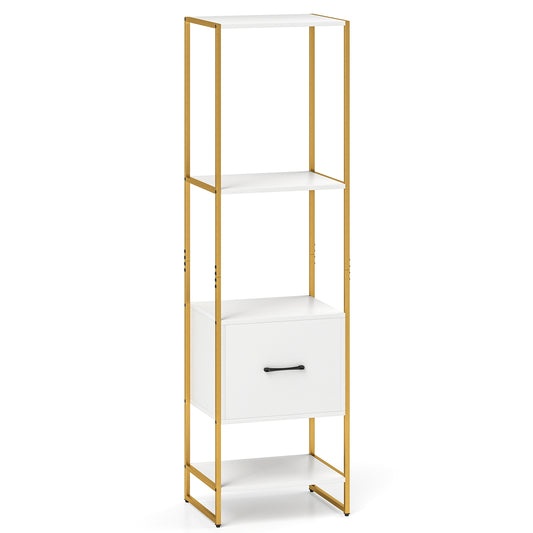 5-Tier Narrow Bookcase, 4 Open Shelves, Storage Drawer, White Bookcases White at Gallery Canada