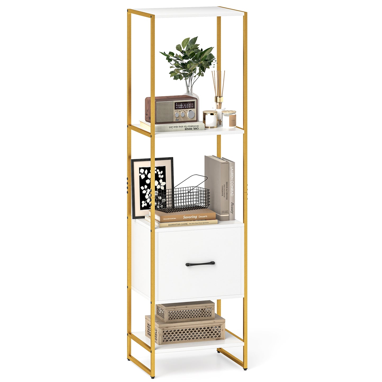 5-Tier Narrow Bookcase with 4 Open Shelves and Storage Drawer, White Bookcases at Gallery Canada