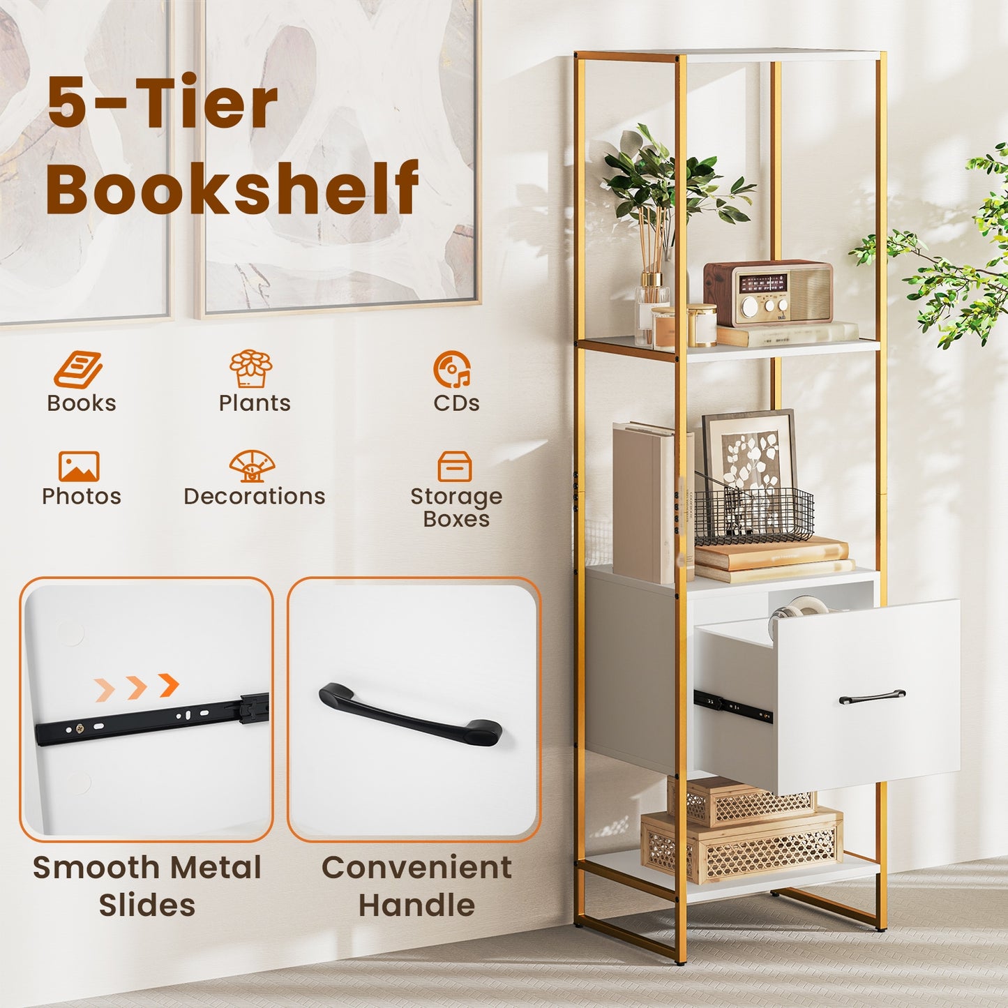 5-Tier Narrow Bookcase with 4 Open Shelves and Storage Drawer, White Bookcases at Gallery Canada