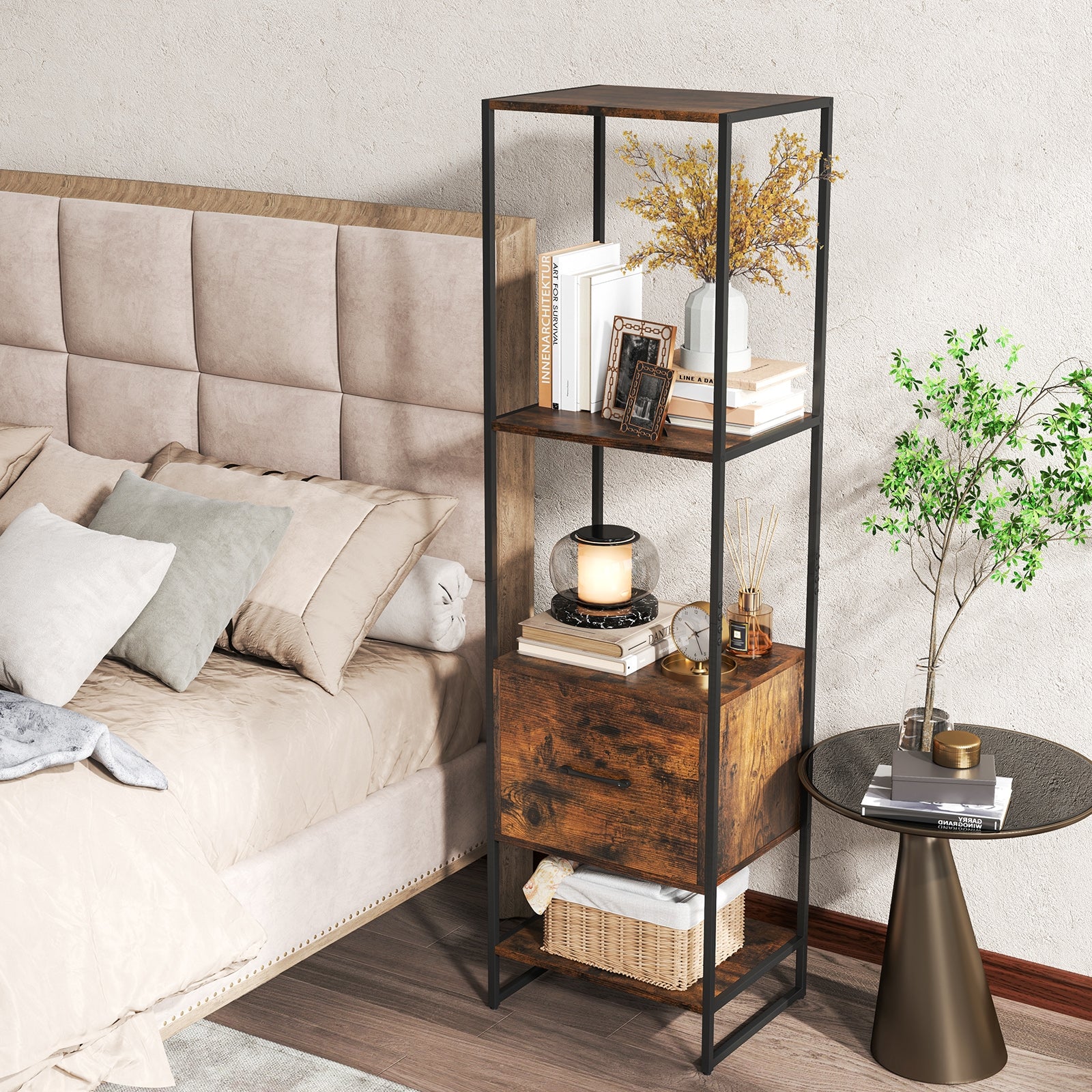 5-Tier Narrow Bookcase with 4 Open Shelves and Storage Drawer, Rustic Brown Bookcases at Gallery Canada