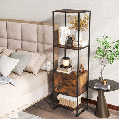 5-Tier Narrow Bookcase with 4 Open Shelves and Storage Drawer, Rustic Brown Bookcases at Gallery Canada
