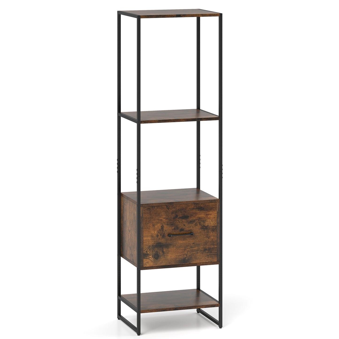5-Tier Narrow Bookcase with 4 Open Shelves and Storage Drawer, Rustic Brown Bookcases Rustic Brown at Gallery Canada