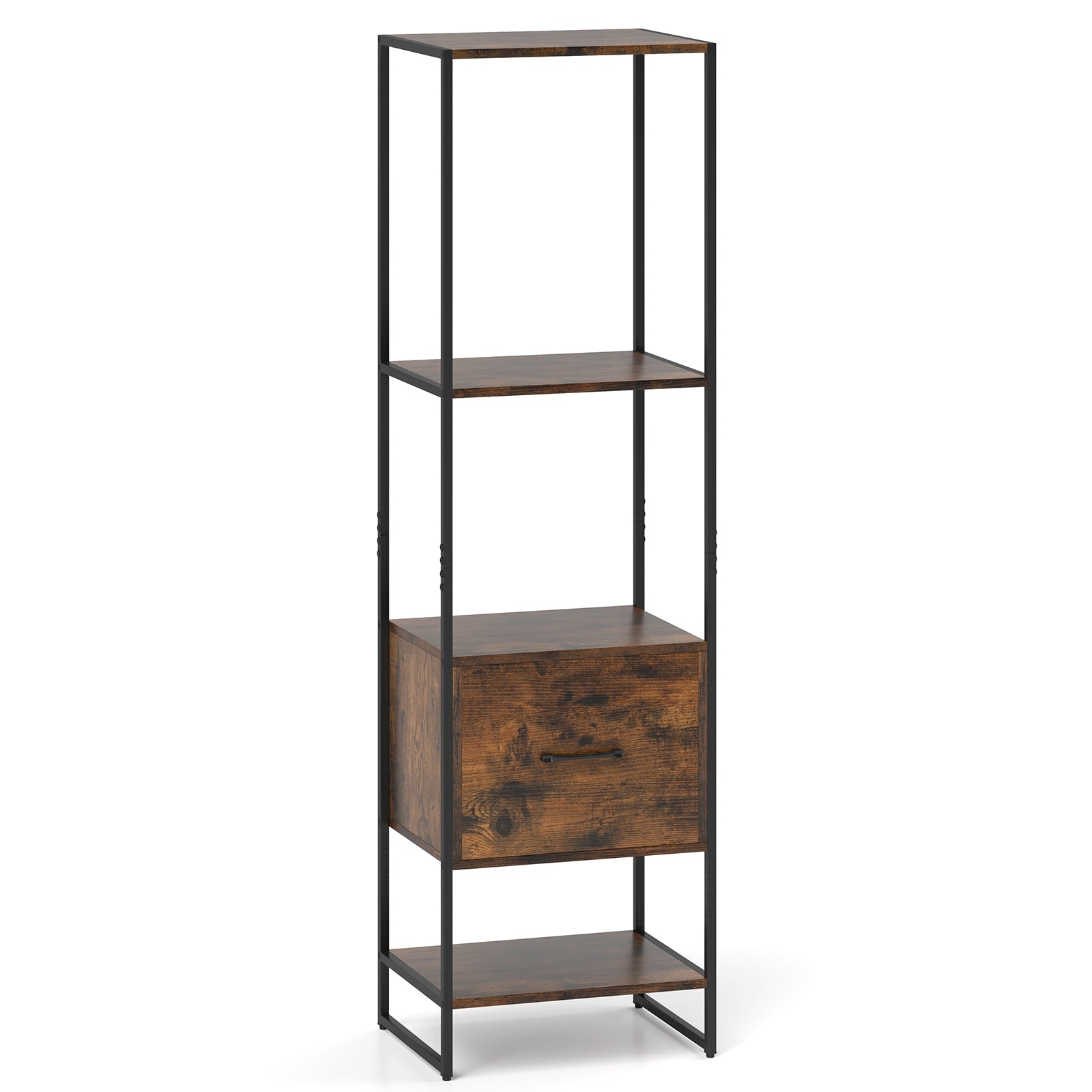 5-Tier Narrow Bookcase with 4 Open Shelves and Storage Drawer, Rustic Brown Bookcases Rustic Brown at Gallery Canada