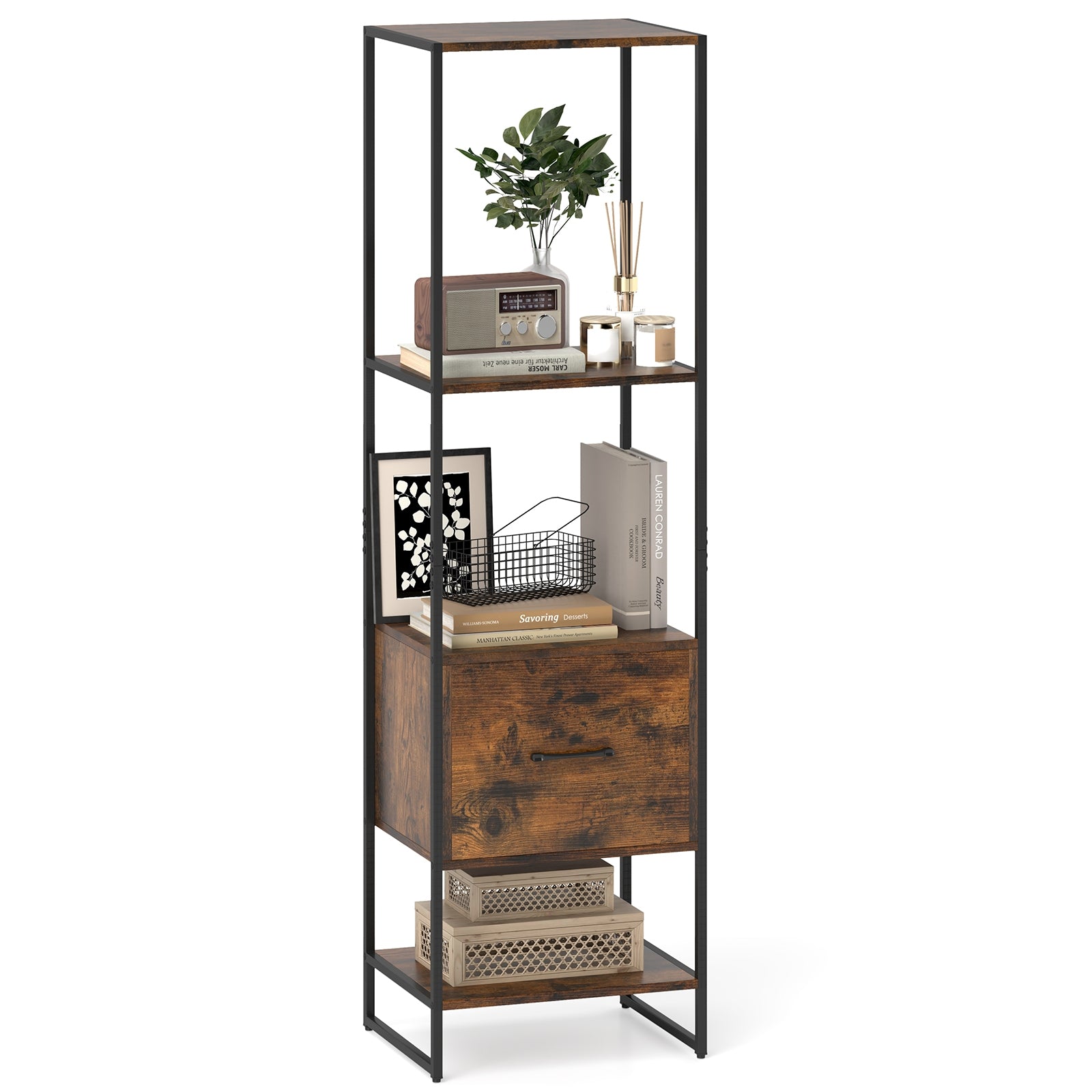 5-Tier Narrow Bookcase with 4 Open Shelves and Storage Drawer, Rustic Brown Bookcases at Gallery Canada