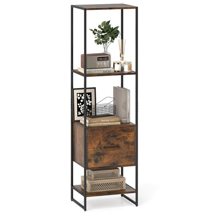 5-Tier Narrow Bookcase with 4 Open Shelves and Storage Drawer, Rustic Brown Bookcases at Gallery Canada