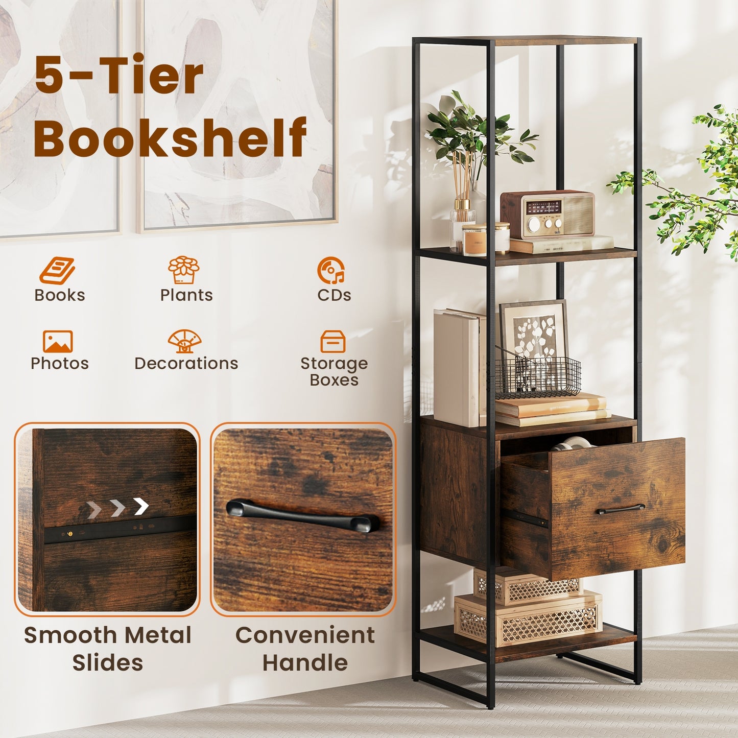 5-Tier Narrow Bookcase with 4 Open Shelves and Storage Drawer, Rustic Brown Bookcases at Gallery Canada