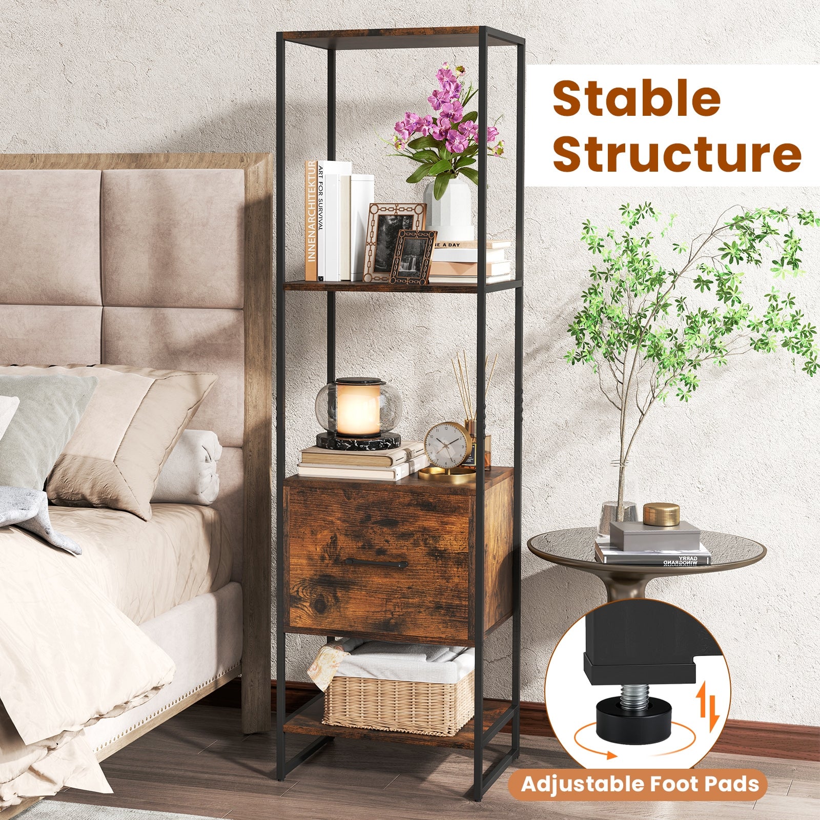 5-Tier Narrow Bookcase with 4 Open Shelves and Storage Drawer, Rustic Brown Bookcases at Gallery Canada