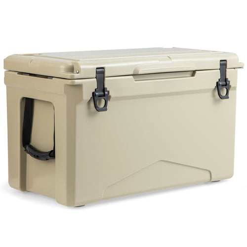 50 QT Rotomolded Cooler, Insulated Ice Chest, Cup Holders, Tan