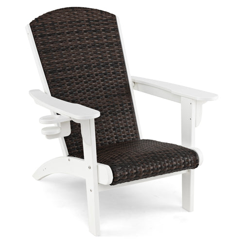 Patio Adirondack Chair with Rattan Padded Seat and Hidden Cupholder, White