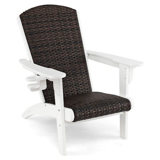 Patio Adirondack Chair, Rattan Padded Seat, Hidden Cupholder, White