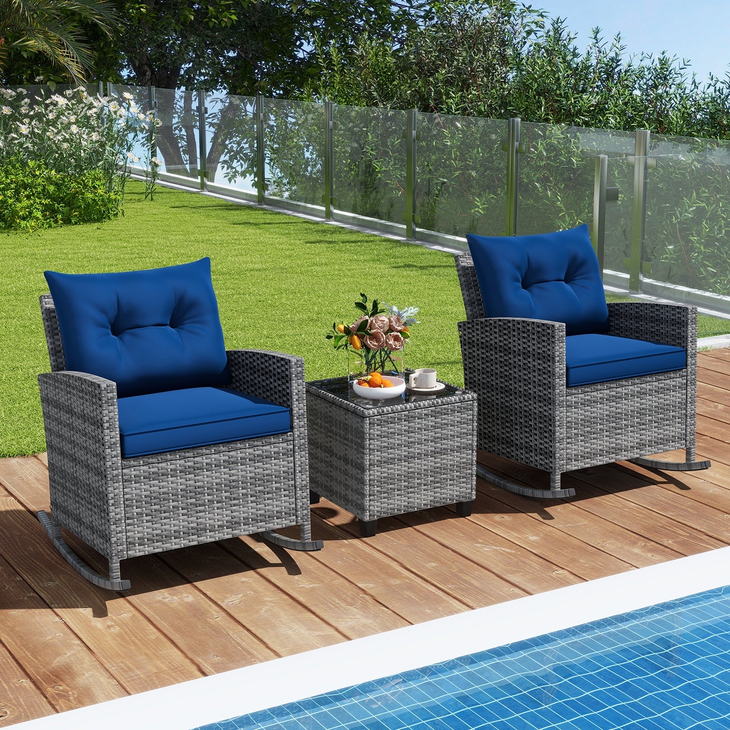 3-Piece Patio Rattan Roker Chairs with Tempered Glass Table and Soft Cushions, Dark Blue Patio Conversation Sets at Gallery Canada