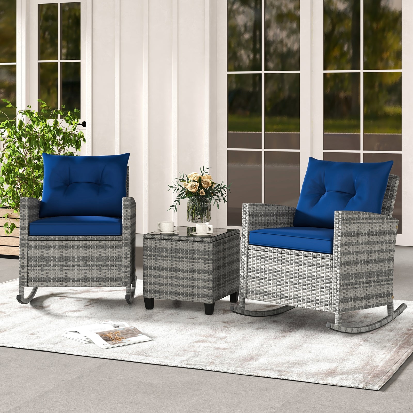 3-Piece Patio Rattan Roker Chairs with Tempered Glass Table and Soft Cushions, Dark Blue Patio Conversation Sets at Gallery Canada