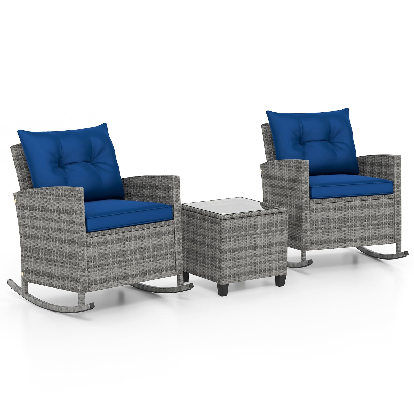 3-Piece Patio Rattan Roker Chairs with Tempered Glass Table and Soft Cushions, Dark Blue Patio Conversation Sets Dark Blue at Gallery Canada