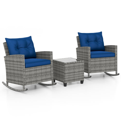 3-Piece Patio Rattan Roker Chairs with Tempered Glass Table and Soft Cushions, Dark Blue