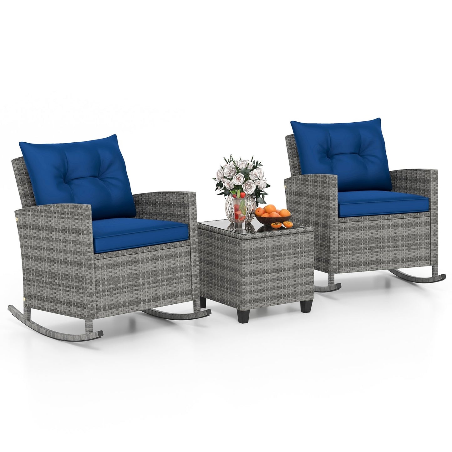 3-Piece Patio Rattan Roker Chairs with Tempered Glass Table and Soft Cushions, Dark Blue Patio Conversation Sets at Gallery Canada