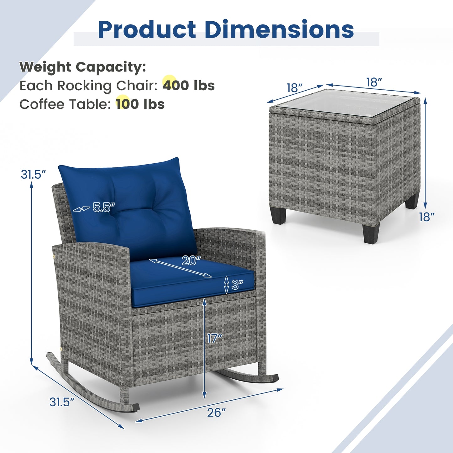 3-Piece Patio Rattan Roker Chairs with Tempered Glass Table and Soft Cushions, Dark Blue Patio Conversation Sets at Gallery Canada