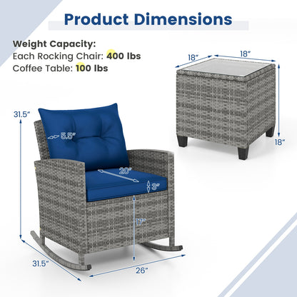 3-Piece Patio Rattan Roker Chairs with Tempered Glass Table and Soft Cushions, Dark Blue Patio Conversation Sets at Gallery Canada