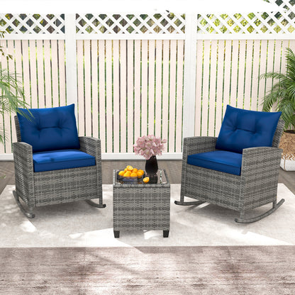 3-Piece Patio Rattan Roker Chairs with Tempered Glass Table and Soft Cushions, Dark Blue Patio Conversation Sets at Gallery Canada