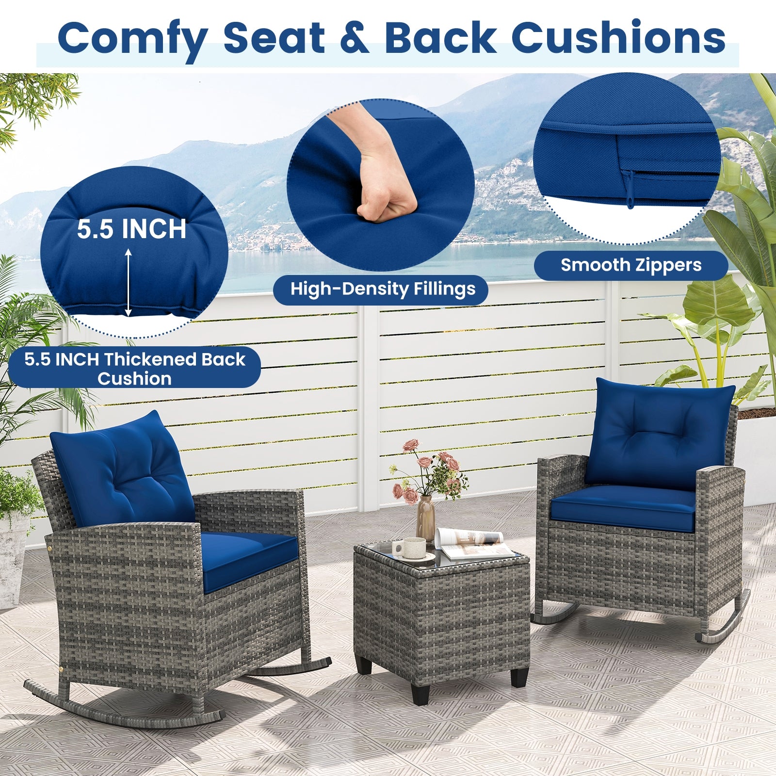 3-Piece Patio Rattan Roker Chairs with Tempered Glass Table and Soft Cushions, Dark Blue Patio Conversation Sets at Gallery Canada