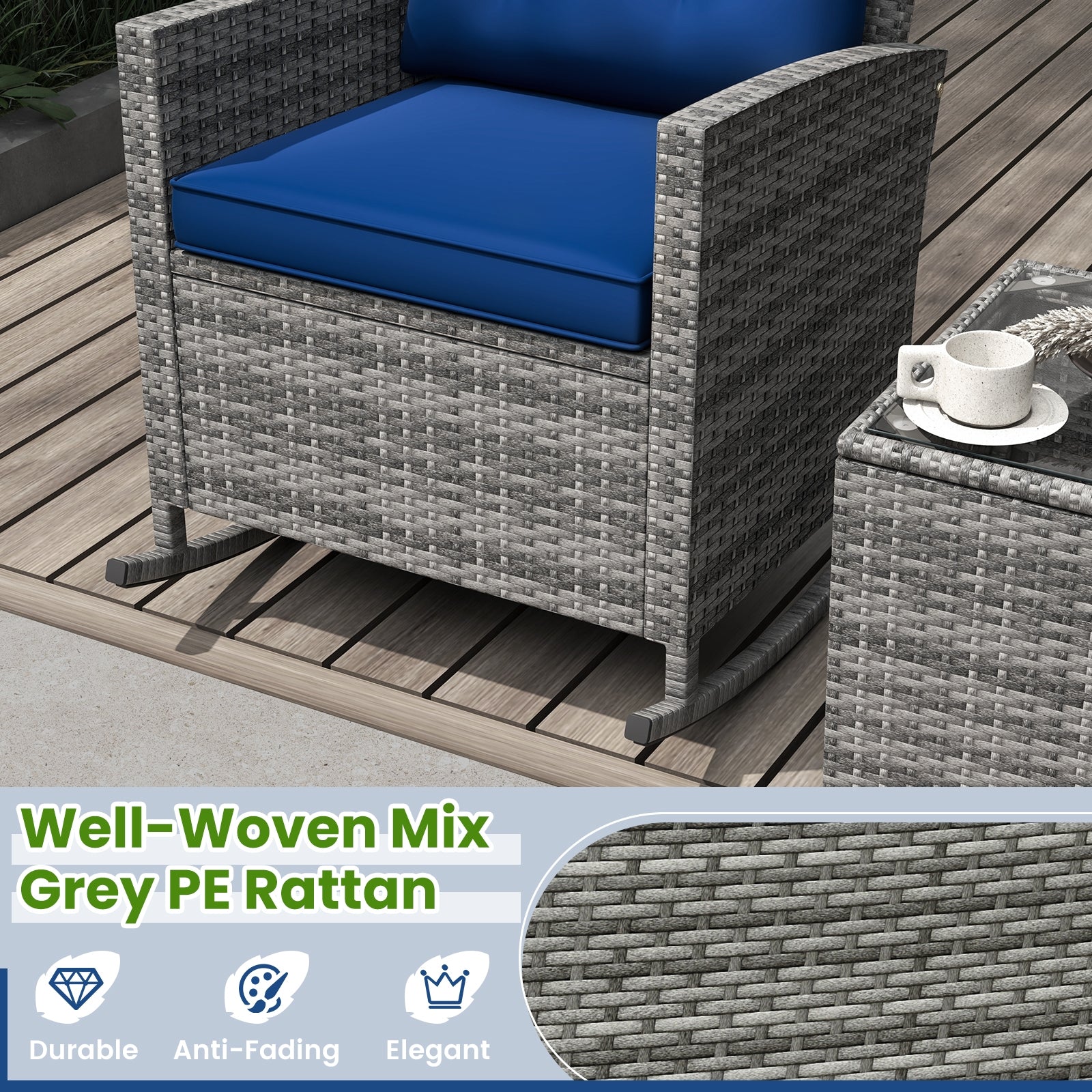 3-Piece Patio Rattan Roker Chairs with Tempered Glass Table and Soft Cushions, Dark Blue Patio Conversation Sets at Gallery Canada