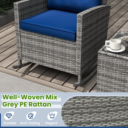 3-Piece Patio Rattan Roker Chairs with Tempered Glass Table and Soft Cushions, Dark Blue Patio Conversation Sets at Gallery Canada