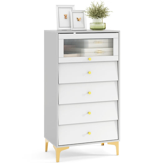 Modern Storage Cabinet, 4 Drawer, Flip Up Fluted Glass Door, Gray and White