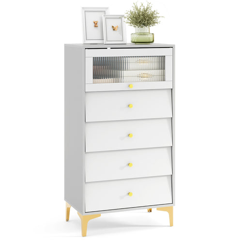 4 Drawer Modern Storage Cabinet with Flip Up Fluted Glass Door-Gray and White, Gray & White