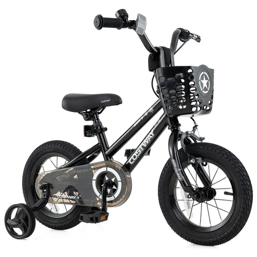 12 Inch Kids Bike with Basket and Training Wheels for Children Aged 3-5 Years Old, Black