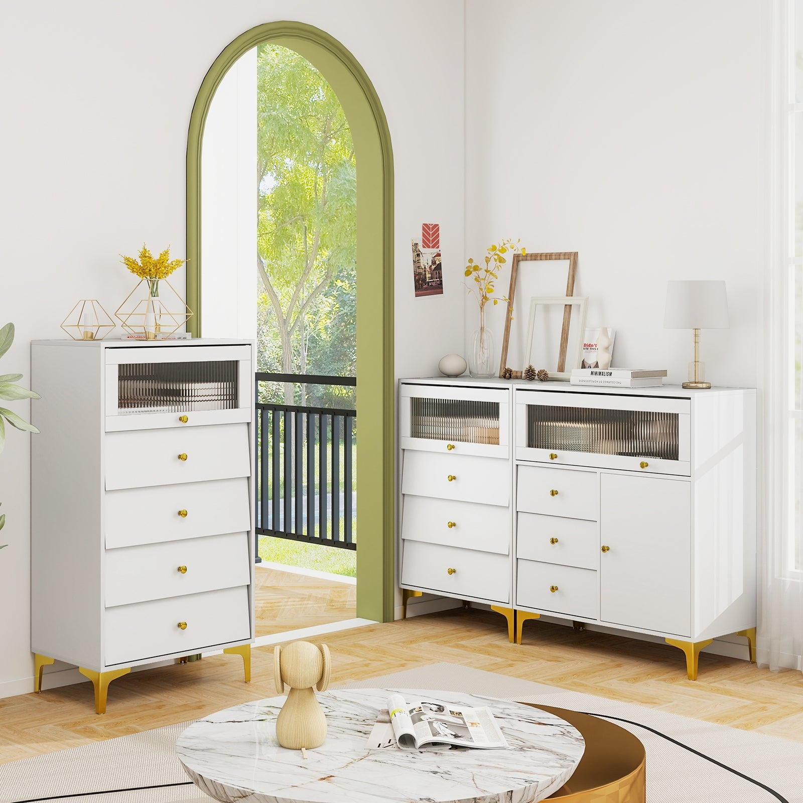 Chest of Drawers with Flip Up Fluted Glass Door for Bedroom Kitchen, Gray Cabinets & Chests at Gallery Canada