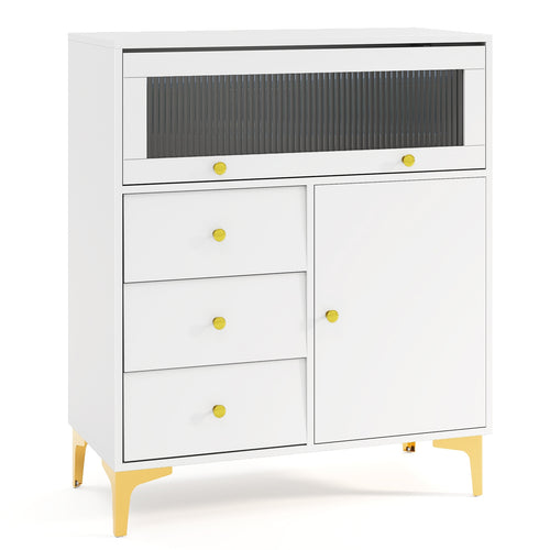Chest of Drawers with Flip Up Fluted Glass Door for Bedroom Kitchen, Gray