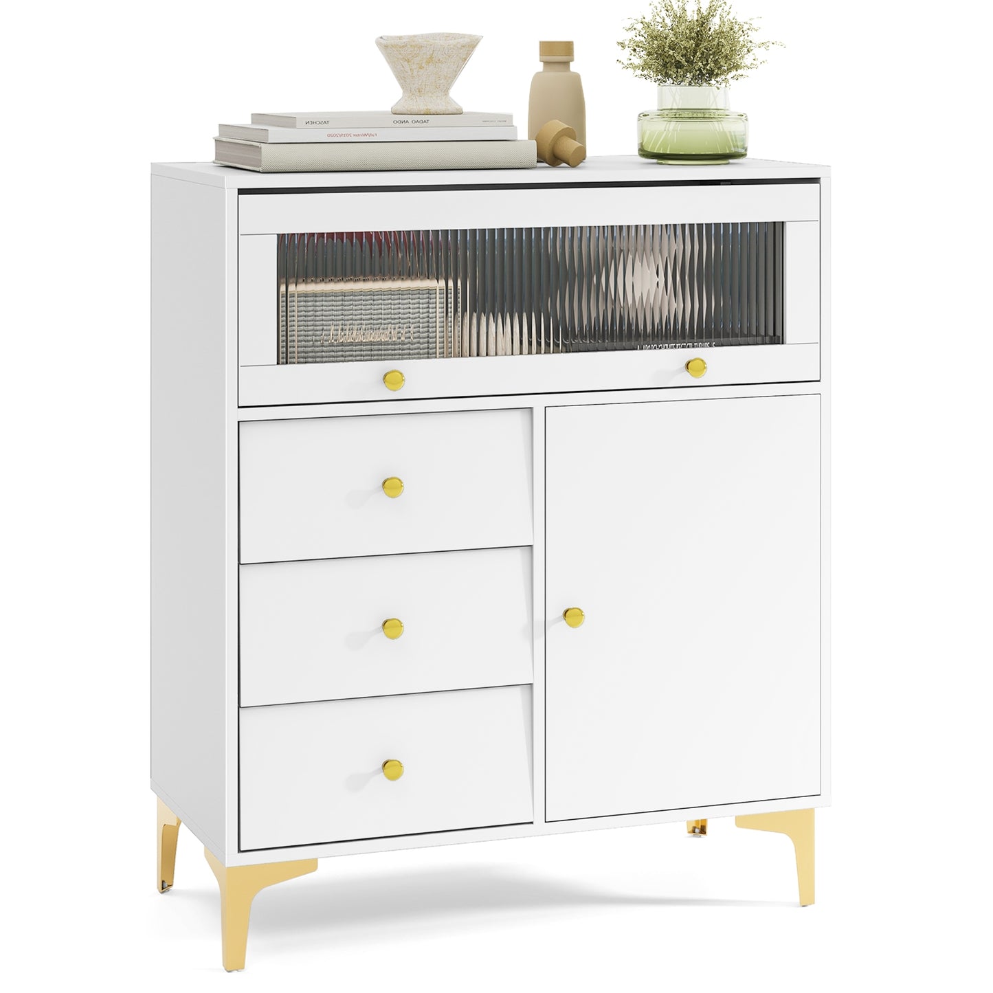 Chest of Drawers with Flip Up Fluted Glass Door for Bedroom Kitchen, Gray Cabinets & Chests at Gallery Canada