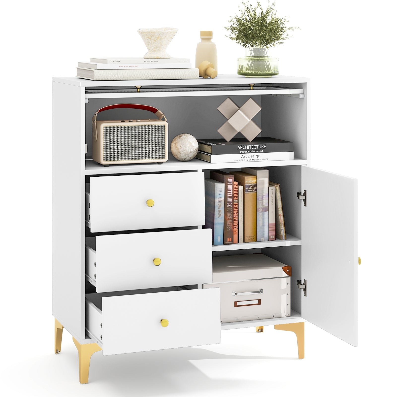 Chest of Drawers with Flip Up Fluted Glass Door for Bedroom Kitchen, Gray Cabinets & Chests at Gallery Canada