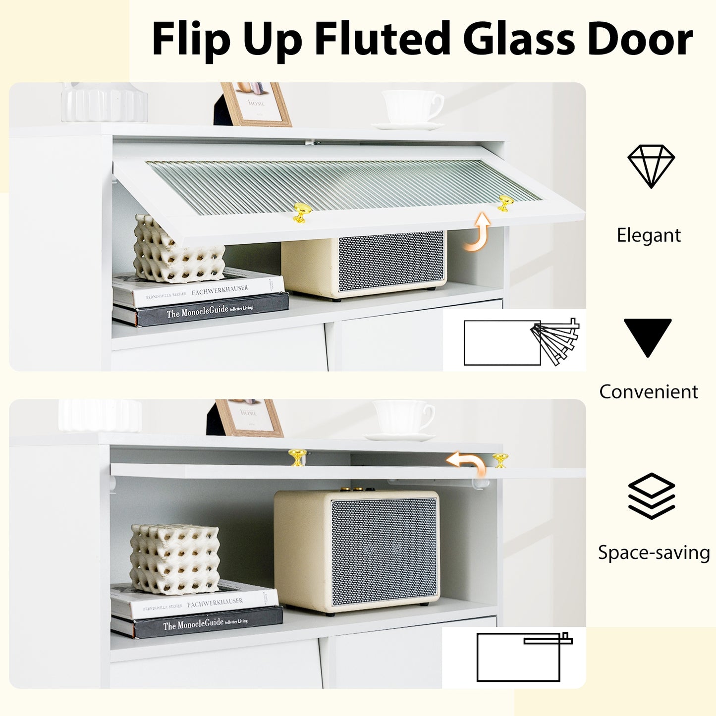 Chest of Drawers with Flip Up Fluted Glass Door for Bedroom Kitchen, Gray Cabinets & Chests at Gallery Canada