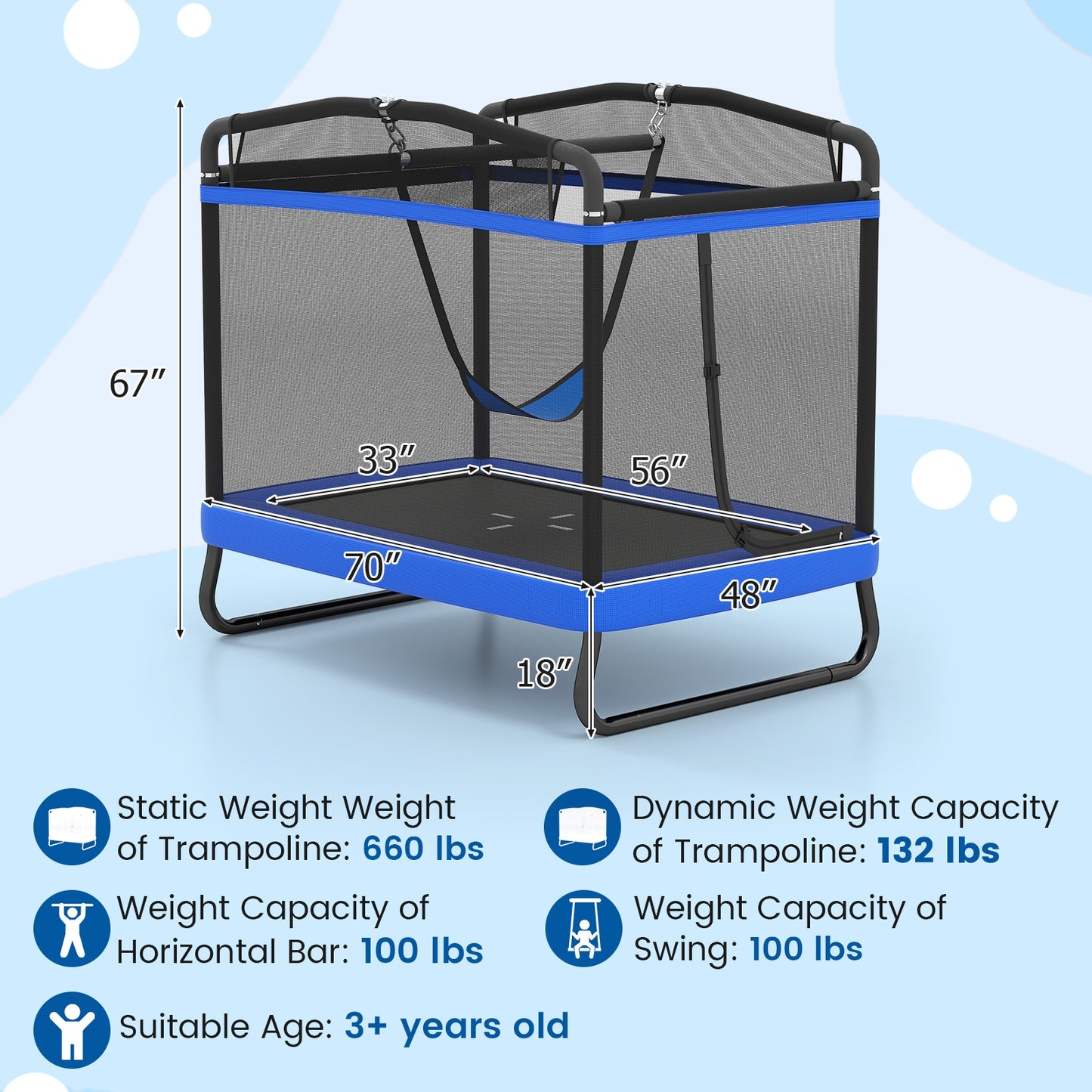 6 FT Kids Trampoline with Swing and Horizontal Bar Small Rectangle Trampoline, Blue Trampolines at Gallery Canada