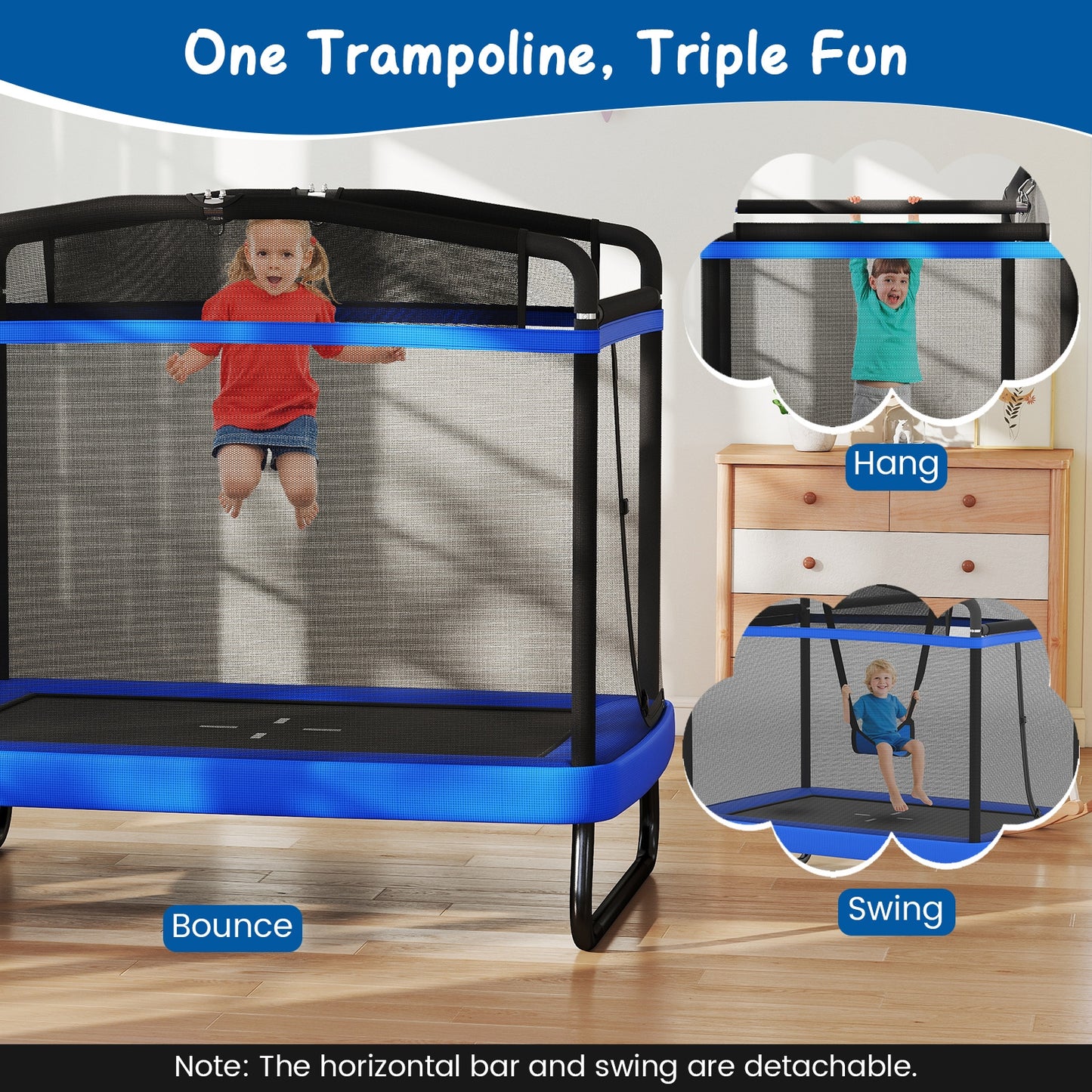 6 FT Kids Trampoline with Swing and Horizontal Bar Small Rectangle Trampoline, Blue Trampolines at Gallery Canada