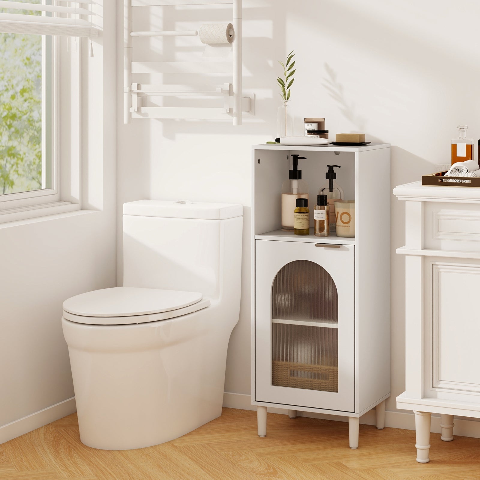 Bathroom Floor Cabinet Wood Side Storage Organizer with Adjustable Shelf, White Floor Cabinets at Gallery Canada