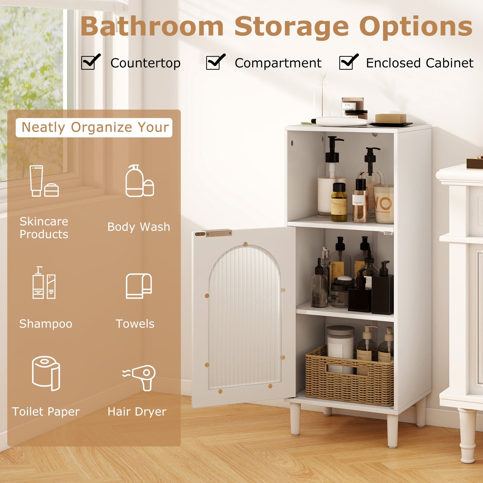 Bathroom Floor Cabinet Wood Side Storage Organizer with Adjustable Shelf, White Floor Cabinets at Gallery Canada