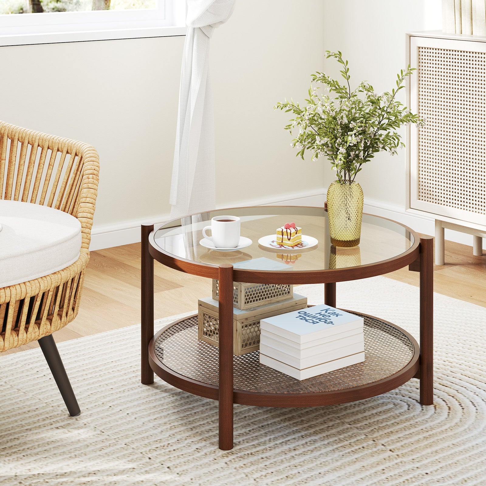 31 Inch 2-Tier Round Coffee Table with Tempered Glass Top for Living Room, Cherry Coffee Tables at Gallery Canada