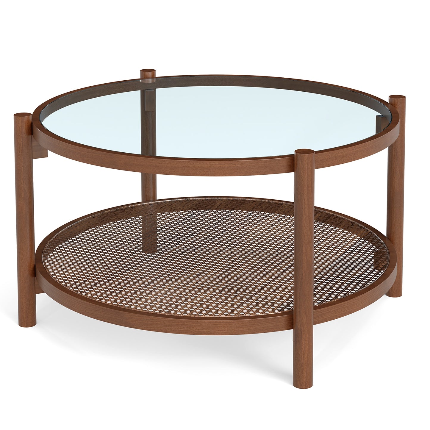 31 Inch 2-Tier Round Coffee Table, Tempered Glass Top, Cherry Coffee Tables Cherry at Gallery Canada