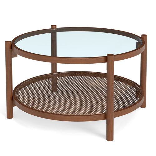 31 Inch 2-Tier Round Coffee Table with Tempered Glass Top for Living Room, Cherry