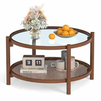 31 Inch 2-Tier Round Coffee Table with Tempered Glass Top for Living Room, Cherry Coffee Tables at Gallery Canada