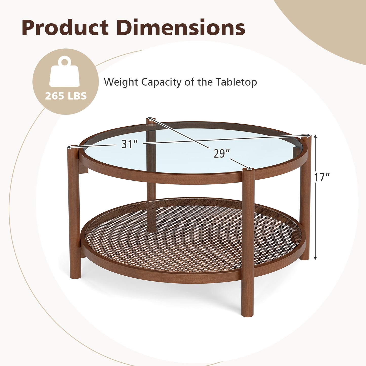 31 Inch 2-Tier Round Coffee Table with Tempered Glass Top for Living Room, Cherry Coffee Tables at Gallery Canada