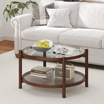31 Inch 2-Tier Round Coffee Table with Tempered Glass Top for Living Room, Cherry Coffee Tables at Gallery Canada