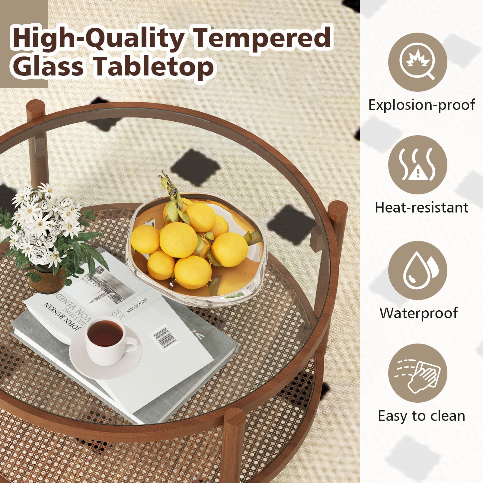 31 Inch 2-Tier Round Coffee Table, Tempered Glass Top, Cherry Coffee Tables at Gallery Canada
