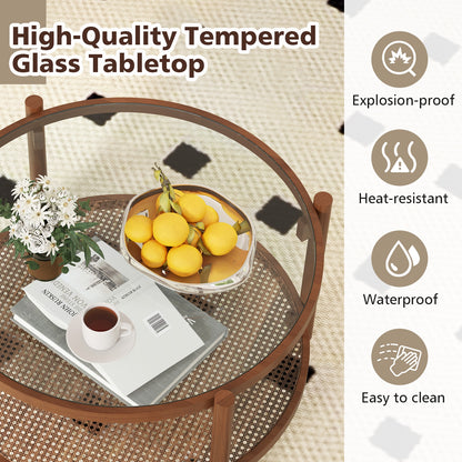 31 Inch 2-Tier Round Coffee Table, Tempered Glass Top, Cherry Coffee Tables at Gallery Canada