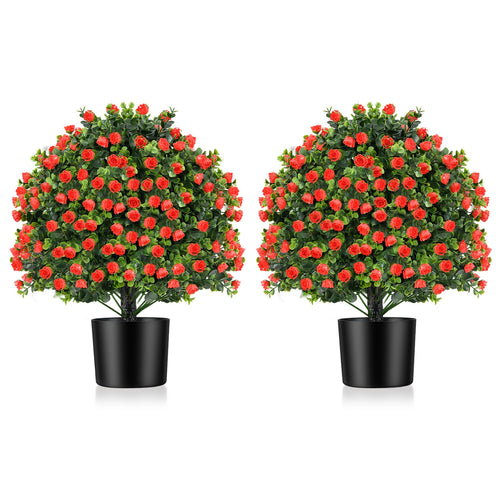 2 Pack Artificial Rose Topiary Ball Tree Faux Shrub Bushes with Flowers, Red