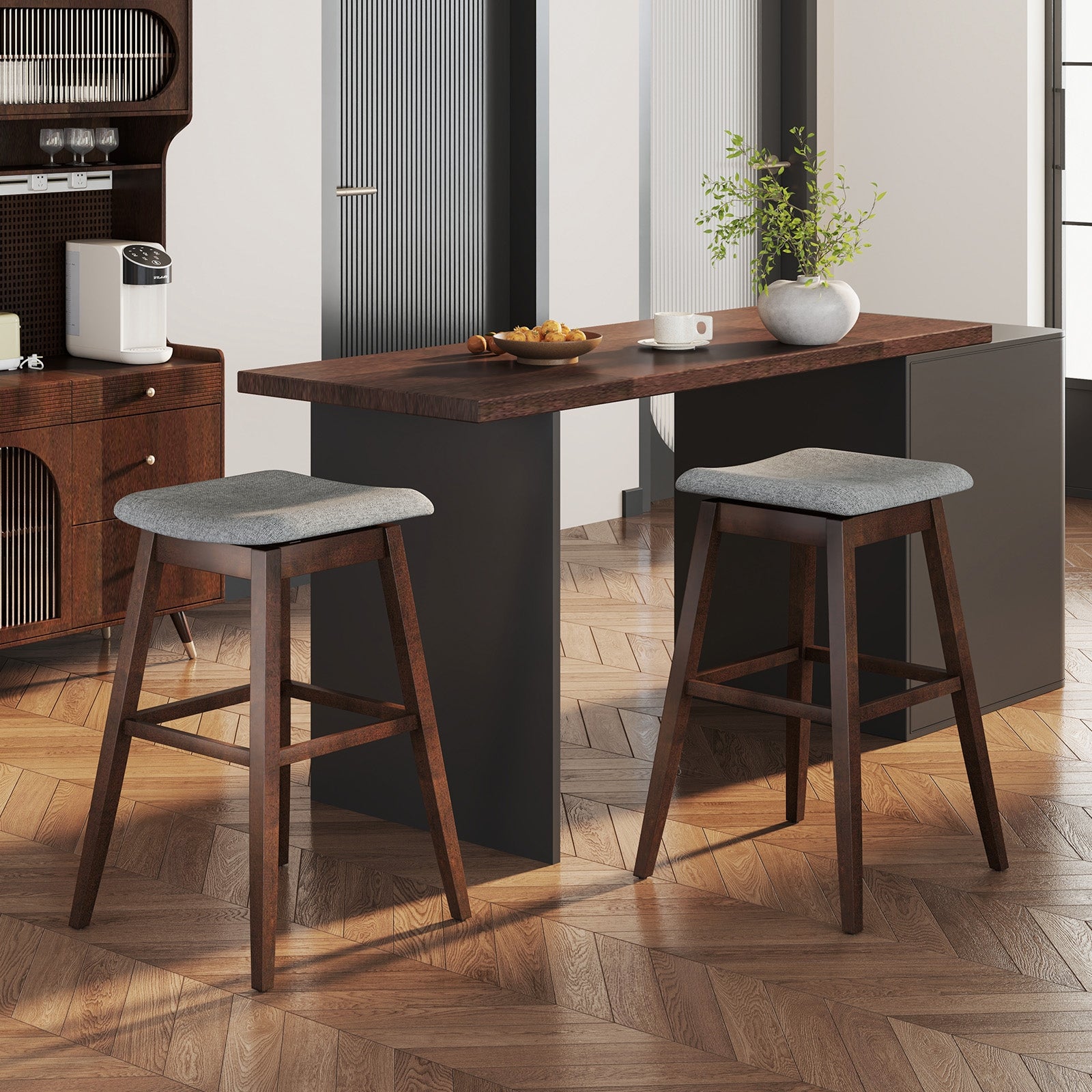 Swivel Bar Stools Set of 2 with Footrest and Rubber Wood Legs, Brown Bar Stools at Gallery Canada