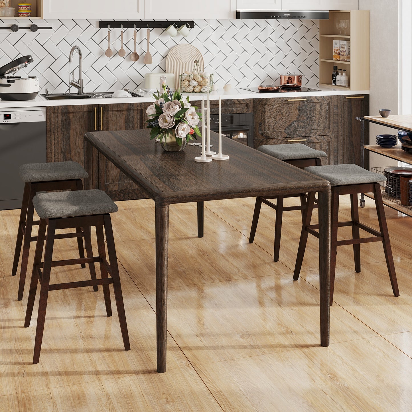 Swivel Bar Stools Set of 2 with Footrest and Rubber Wood Legs, Brown Bar Stools at Gallery Canada