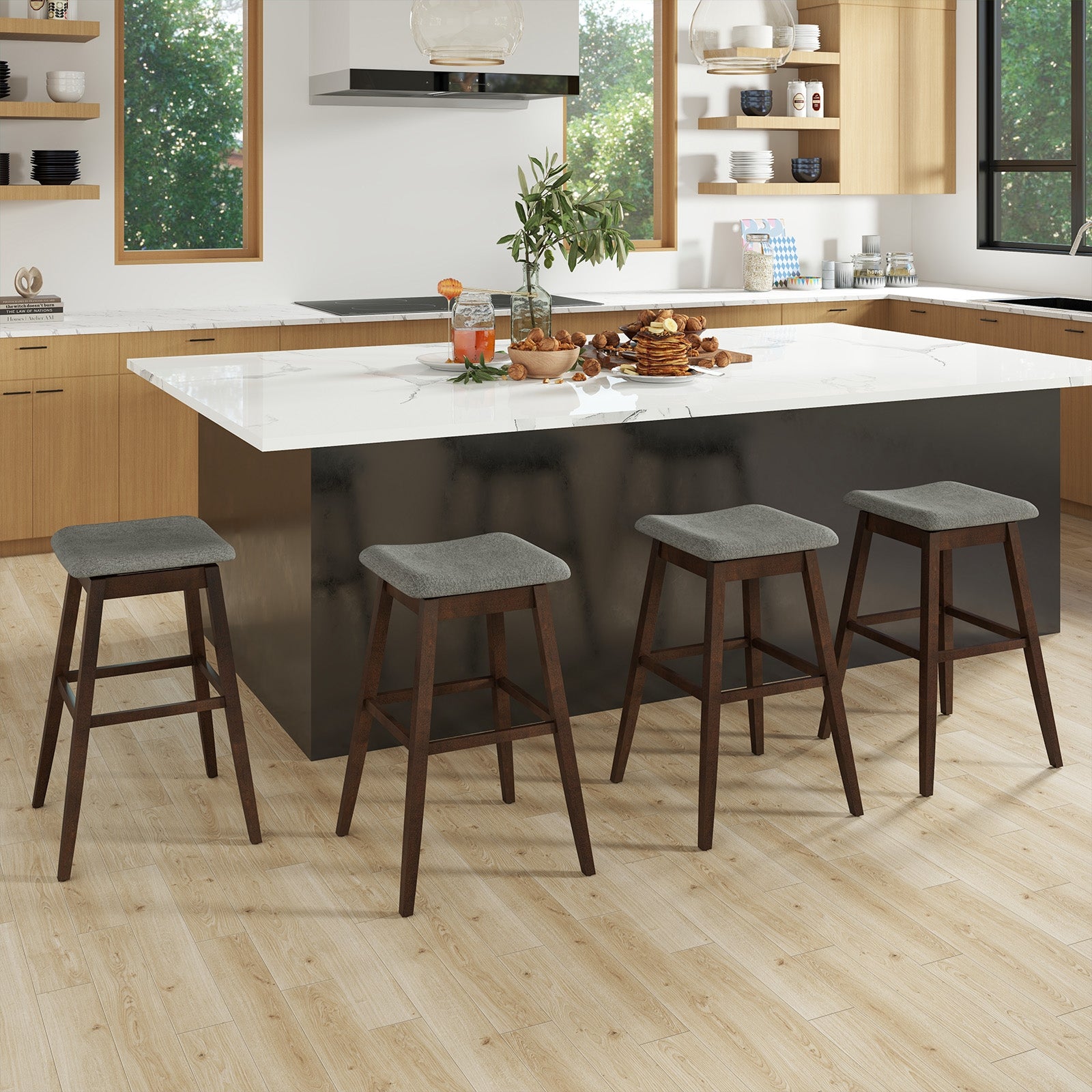 Swivel Bar Stools Set of 2 with Footrest and Rubber Wood Legs, Brown Bar Stools at Gallery Canada