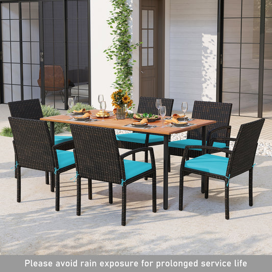 7 Pieces Outdoor Dining Set Acacia Wood Table with Umbrella Hole and Cushions, Turquoise Patio Dining Sets Turquoise at Gallery Canada